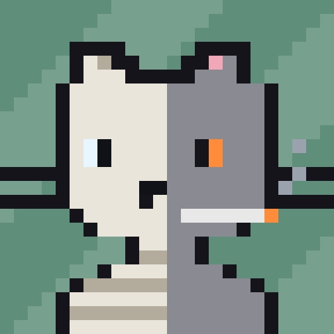 A pixel-art illustration of a white and gray cat character with one orange eye, wearing a striped shirt, against a green pixelated background.