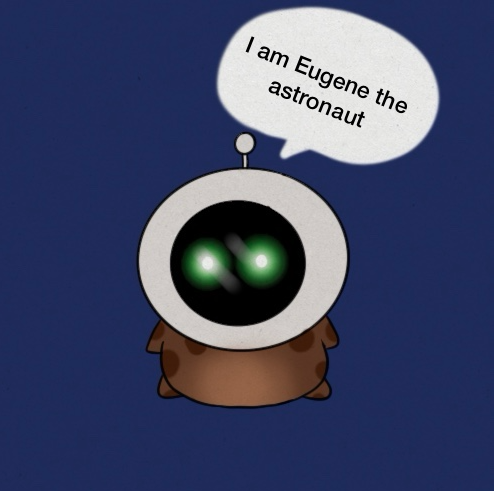 Cute cartoon character with a single large green eye and brown body introducing itself with the speech bubble: 'I am Eugene the astronaut.'