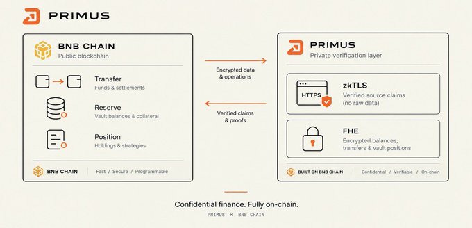 PRIMUS architecture diagram illustrating the relationship between BNB Chain (Public blockchain with Transfer, Reserve, and Position functions) and PRIMUS (Private verification layer with zkTLS and FHE), captioned 'Confidential finance. Fully on-chain.'