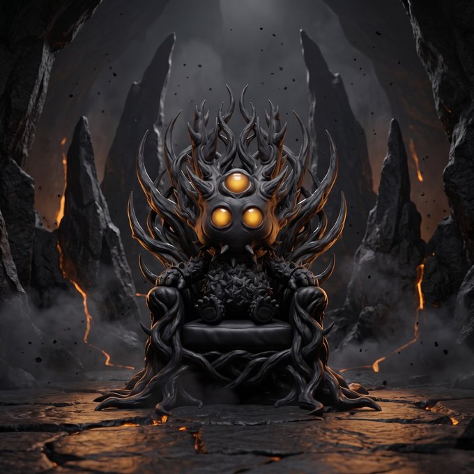 A dark fantasy digital artwork depicting a menacing throne with three glowing yellow eyes and spike-like protrusions, set in a volcanic, cave-like environment.