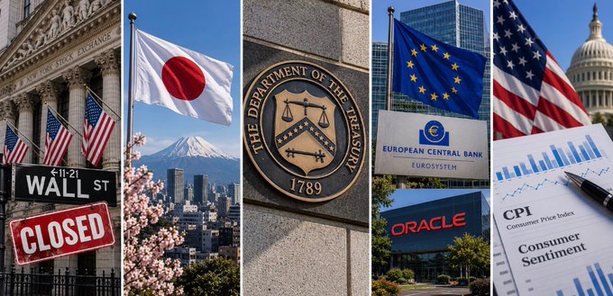 This image is a five-panel collage representing key global markets and economic indicators: the New York Stock Exchange with a "Wall St" sign and American flag, the Japanese flag over Tokyo with Mount Fuji, the U.S. Department of the Treasury seal, the European Central Bank building with the EU flag and "Eurosystem" signage, and a chart showing "CPI Consumer Price Index" and "Consumer Sentiment" with the U.S. Capitol in the background. 

The collage visually maps to the week's economic events, with panels symbolizing the U.S. market closure for Labor Day, Japan's GDP release, the Treasury's bond buybacks, the ECB interest rate decision, and CPI/sentiment data—each flag or institution representing one of the catalysts likely to move stocks, crypto, and global markets.