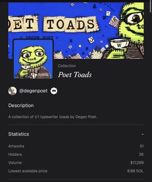 A screenshot of an NFT collection called 'Poet Toads' by @degenpoet, showing 51 artworks, 38 holders, $17,269 volume, and a lowest available price of 8.88 SOL.