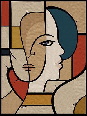 A cubist-style painting of two overlapping faces with bold black outlines, geometric shapes, and blocks of red, beige, and dark blue color.