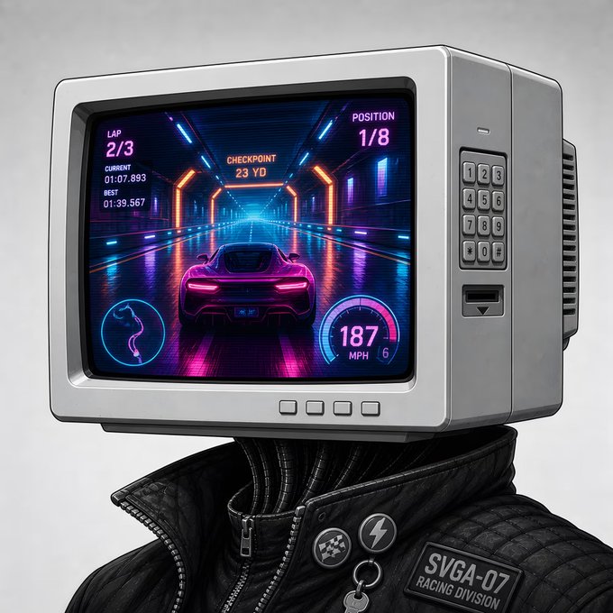 A humanoid figure wearing a black leather "SVGA-07 RACING DIVISION" jacket sports a CRT monitor head displaying a vibrant neon racing game with a pink sports car at 187 MPH, showing "LAP 2/3," "POSITION 1/8," and a "CHECKPOINT 23 YD" indicator, matching the described "SVGA Videogame" single screen NFT collected by @RarePatterns.