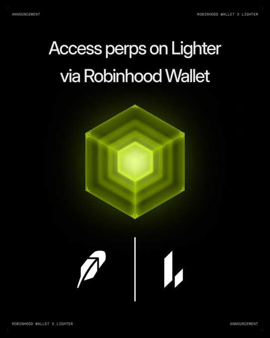 A dark promotional graphic with a glowing green hexagon reads "Access perps on Lighter via Robinhood Wallet," flanked by the Robinhood feather and Lighter logos, visually announcing the partnership highlighted in the post about Lighter's trending momentum following its zero-fee, onchain perp DEX features.