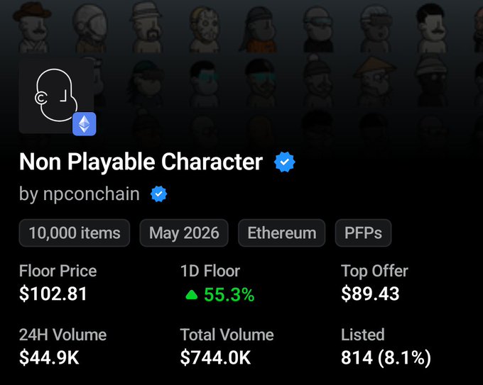 A black background with white text that reads "Non Playable Character by npcchain" next to a description of how to play as a non-playable character (NPC). The post is related, showing a screenshot of the post's screen where there are several items for sale in an online marketplace. The price tags show the prices of these items and a user can see that one item costs $2.00.