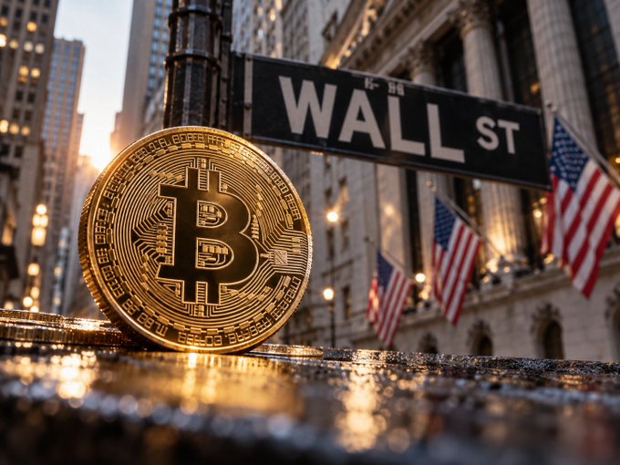 A gold Bitcoin coin sits in front of a "WALL ST" street sign with American flags visible in the background, visually reinforcing the news of BlackRock's IBIT Bitcoin ETF recording its strongest day since October 2025 with $664 million in inflows.