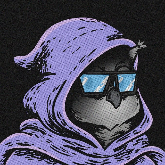 A digital drawing depicts a bird character wearing a purple hood and reflective blue square sunglasses against a solid black background.