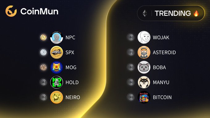 A "CoinMun" graphic displaying a "TRENDING" list of cryptocurrencies and tokens, featuring coins like NPC, SPX, MOG, HOLD, NEIRO, WOJAK, ASTEROID, BOBA, MANYU, and BITCOIN.