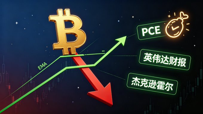 A Bitcoin graphic shows a green upward arrow alongside a red downward arrow, with Chinese text labels for 'PCE', 'NVIDIA earnings', and 'Powell', and a small 'EMA' label on a line graph.