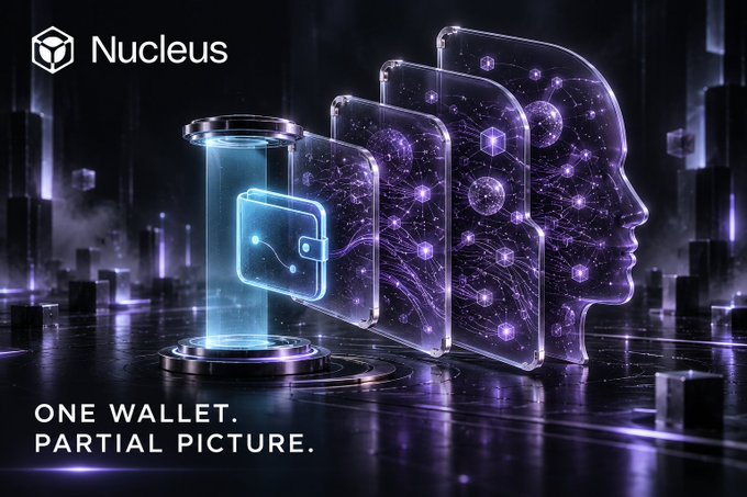A futuristic digital artwork for 'Nucleus' shows a glowing wallet icon transforming into a human head silhouette filled with purple nodes and circuitry, with the text 'ONE WALLET. PARTIAL PICTURE.'