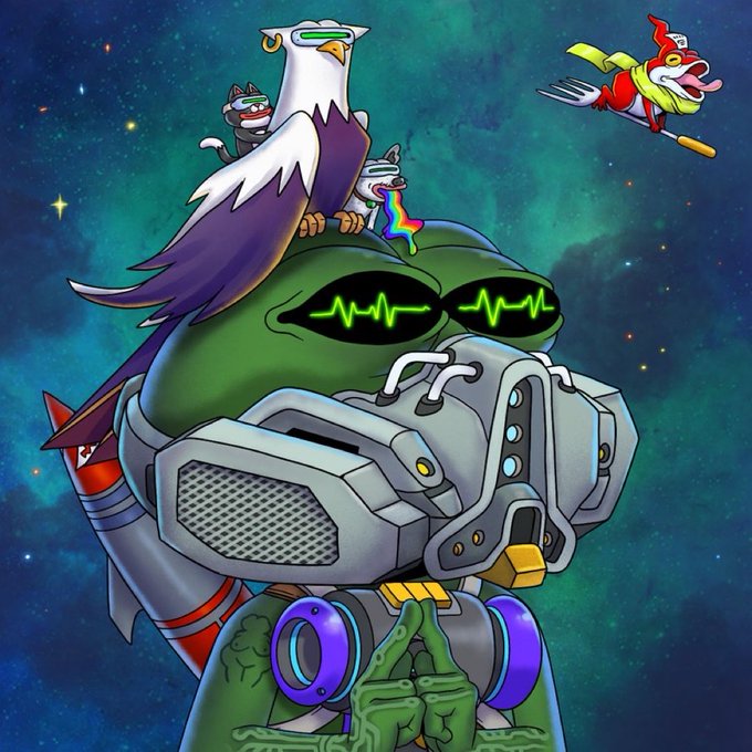 The image features a cartoon character, likely a robot or an alien-like creature, with a green face and purple wings. It appears that the character has been created as part of a series called "I am a Pepe Explorer". The character is wearing a helmet equipped with a microphone on its head, which could be used for communication purposes.

The background of the image depicts a space scene filled with stars and planets, suggesting an alien or futuristic setting. This backdrop complements the character's design and adds to the overall theme of exploration and discovery.