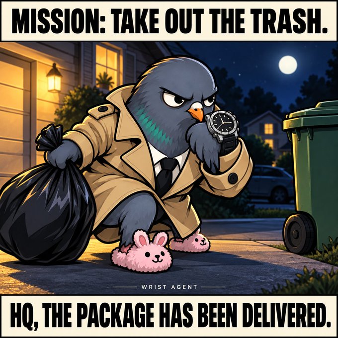 A cartoon-style illustration of a pigeon dressed in a detective trench coat and pink bunny slippers, holding a trash bag and a wristwatch, with text reading 'MISSION: TAKE OUT THE TRASH.' and 'HQ, THE PACKAGE HAS BEEN DELIVERED.'