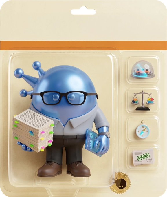 A 3D-rendered blue alien figurine wearing glasses and a lab coat, holding a stack of papers, packaged alongside miniature accessories in a clear blister pack.
