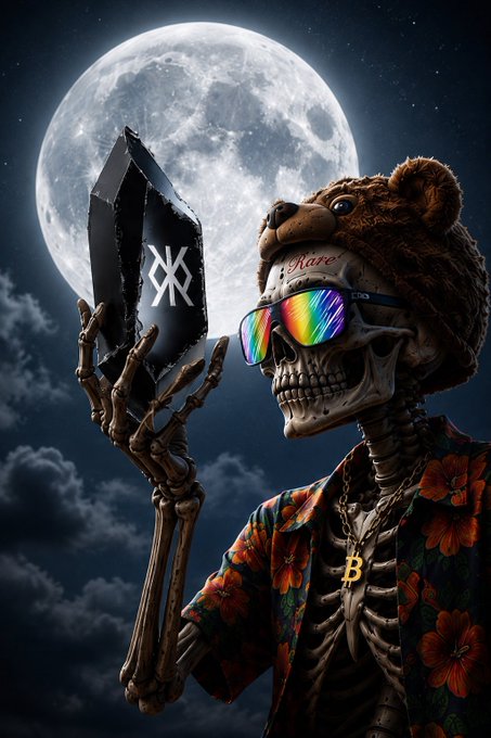 Artistic illustration of a skeleton wearing a bear hat, rainbow sunglasses, and a floral shirt with a Bitcoin necklace, holding a black hexagonal mirror with a logo against a full moon backdrop.
