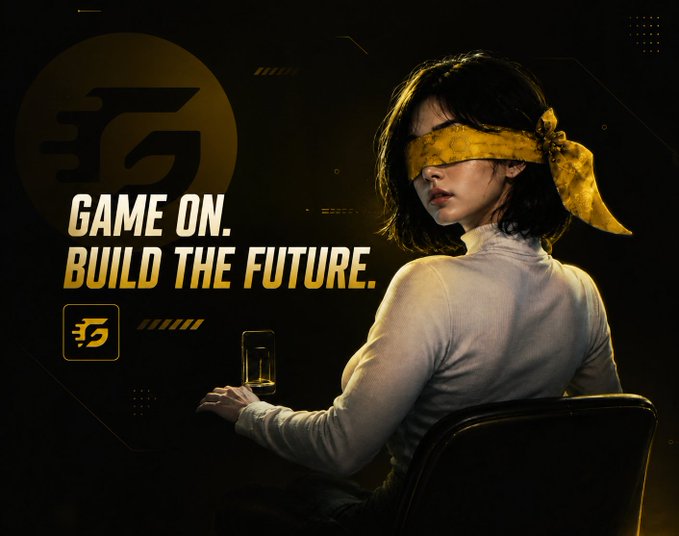 The image features a woman sitting at a desk using her cell phone while wearing a blindfolded headband. The background of the image is black, but there are yellow elements that stand out. There's also an advertisement for a gaming community or game streaming platform in the background.