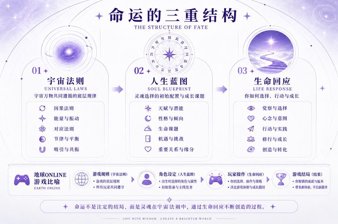 An infographic titled '命运的三重结构 THE STRUCTURE OF FATE' outlining three pillars: 01 宇宙法则 UNIVERSAL LAWS, 02 人生蓝图 SOUL BLUEPRINT, and 03 生命回应 LIFE RESPONSE, with related services listed at the bottom.