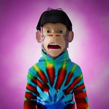 A humanoid monkey-faced character wearing a black cap and a vibrant tie-dye hoodie appears mid-laugh against a soft pink background, matching the playful, quirky "#Apiens still doing what Apiens do" vibe with its expressive, meme-like energy.