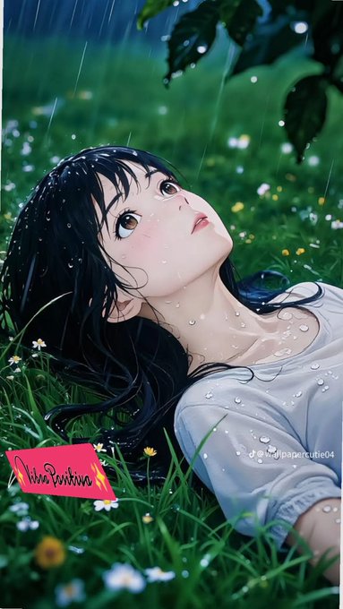 An anime-style illustration depicts a black-haired girl in a white shirt lying in grass during rain, with water droplets on her face and a small red note visible in the corner.