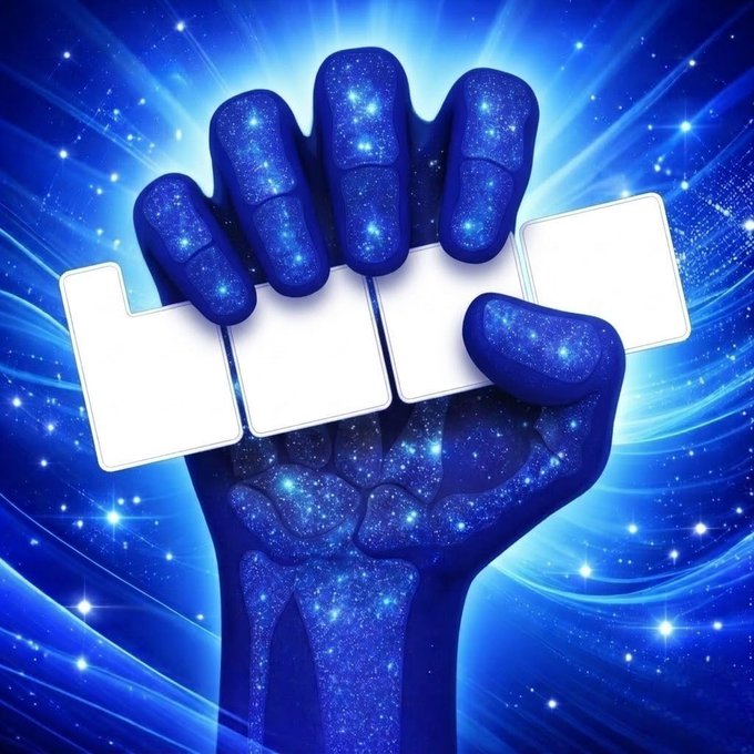A cosmic blue fist, illuminated with starry constellations and radiant energy, grips blank white rectangular tiles resembling a keyboard's keys. The imagery of an unyielding cosmic grip aligns with the post's message of fearless commitment, symbolizing a "full send" into the Base blockchain with unwavering resolve.