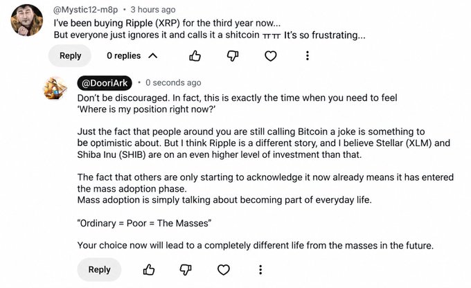 A YouTube comment screenshot shows user @DooriArk responding to @Mystic12-m8p about investing in Ripple (XRP), arguing that critics dismissing crypto indicates mass adoption hasn't begun, and naming Stellar (XLM) and Shiba Inu (SHIB) as higher-level investments, supporting the accompanying post's claim that "Ordinary = Poor = The Masses" since public crypto adoption remains low.