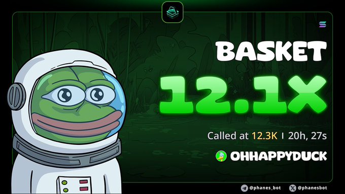 A promotional graphic showing a Pepe the Frog astronaut character alongside text reading 'BASKET 12.1X', 'Called at 12.3K', '20h, 27s', and the username 'OHHAPPYDUCK' with @phanes.bot and @phanesbot social handles.
