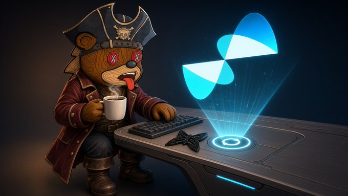 A digital illustration of a pirate teddy bear with X's for eyes, wearing a pirate hat and coat, drinking coffee while looking at a glowing blue holographic projection emerging from a keyboard.