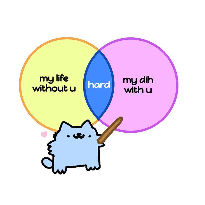 A cute blue cartoon cat holding a stick points to a Venn diagram with overlapping circles labeled "my life without u" and "my dih with u," sharing the intersection "hard," with a small pink heart floating beside it.