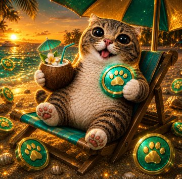 A tabby cat sits on a beach chair under an umbrella holding a tropical drink, surrounded by golden paw-print tokens on the sand.