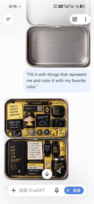 A mobile phone screenshot displays a ChatGPT conversation where the AI suggests filling a tin with personal items, followed by an image of a customized yellow and black tin labeled 'BINANCE'.