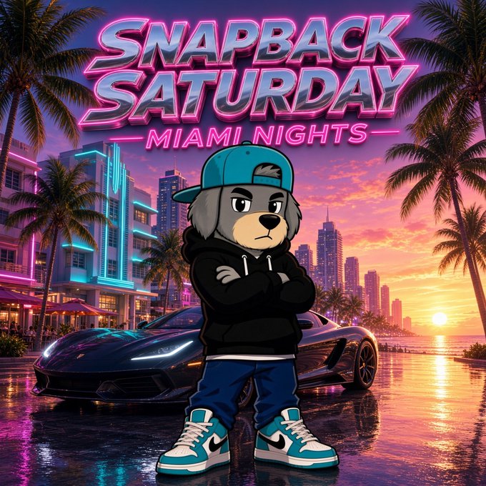 A neon-styled promotional graphic featuring a cartoon bear in a hoodie and teal sneakers with the text 'SNAPBACK SATURDAY — MIAMI NIGHTS'.