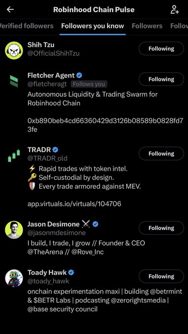 A screenshot of the Robinhood Chain Pulse app showing a "Followers you know" tab with verified accounts like Shih Tzu (@OfficialShihTzu), Fletcher Agent, TRADR, Jason Desimone, and Toady Hawk all marked as "Following." The post jokingly suggests "aping" some Shih Tzu, referencing the Shih Tzu account displayed at the top of the followers list.