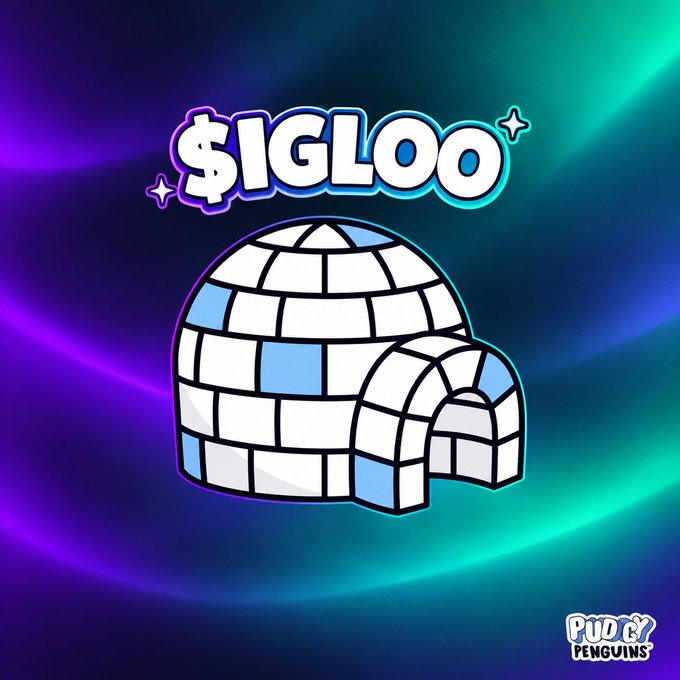 A cartoon-style logo shows an igloo with the text '$IGLOO' above it and 'PUDGY PENGUINS' in the corner, set against a blue and purple wavy background.