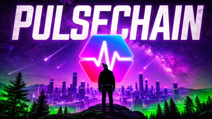 A vibrant purple-hued graphic features "PULSECHAIN" in bold white lettering above a glowing hexagonal logo with a heartbeat line, set against a futuristic city skyline with a silhouetted figure gazing out—visually representing the post's theme of PulseChain's quiet but monumental growth on Kraken and the opportunity to be part of its historic rise.