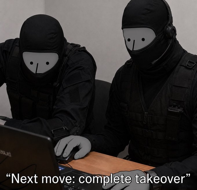 Two masked operatives in black tactical gear lean over a laptop, with a superimposed gray gloved hand appearing to control the mouse, accompanied by the caption "Next move: complete takeover" and the ticker $NPC. The image humorously visualizes the post's theme of a meme-driven "takeover," using the iconic tactical figures to depict a playful "hijacking" of the $NPC narrative.