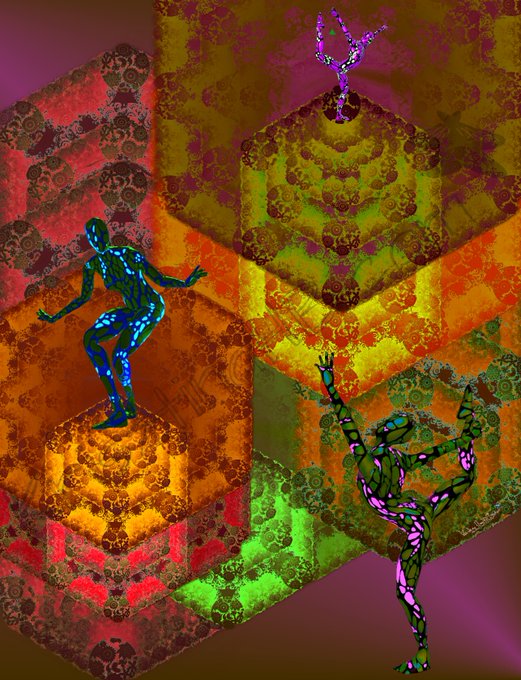 A colorful, psychedelic digital artwork featuring dancing figures with intricate fractal patterns in vibrant orange, pink, green, and purple colors.