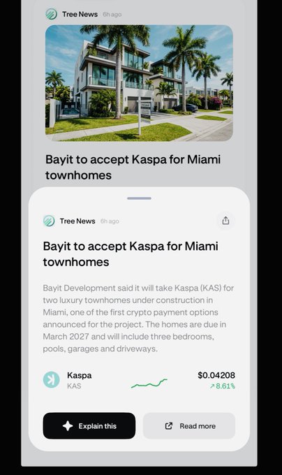 A Tree News article titled 'Bayit to accept Kaspa for Miami townhomes' is shown, with Kaspa (KAS) priced at $0.04208, up 8.61%.