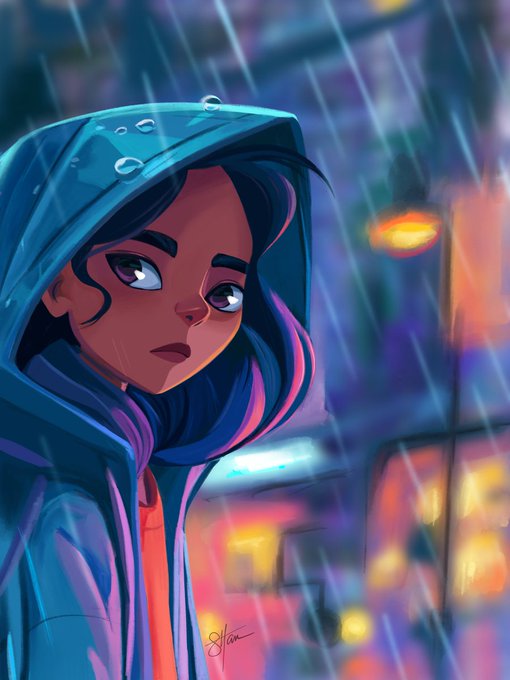 A stylized digital illustration of a young woman wearing a blue hooded jacket with raindrops on the hood, standing in a rainy nighttime cityscape with colorful neon lights in the background.