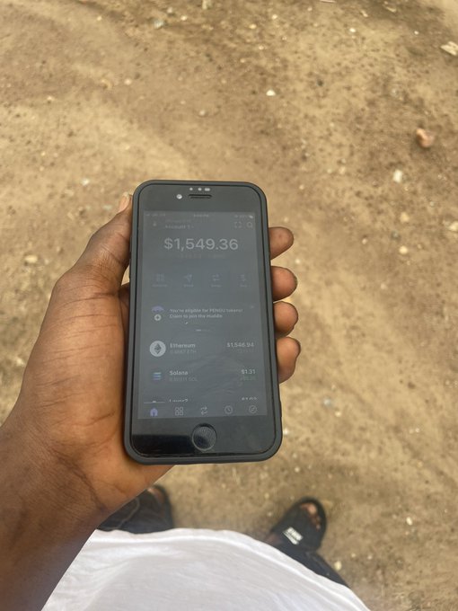 A hand holds an iPhone displaying a crypto wallet with $1,549.36 in Ethereum ($1,546.94) and $1.31 in Solana, paired with the caption celebrating starting web3 using an older iPhone 6 model.