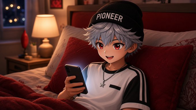 An anime-style character with silver hair and red eyes wearing a black 'PIONEER' beanie and white t-shirt sits on a bed holding a glowing smartphone.