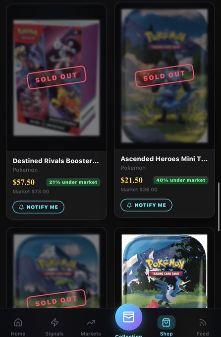 A mobile app screenshot from Keywire displays Pokémon sealed products with notable savings, including a "Destined Rivals Booster" priced at $57.50 (21% under market) and an "Ascended Heroes Mini Tin" at $21.50 (40% under market), with several items marked "SOLD OUT." This aligns with the post's claim that collectors appreciate finding Pokémon inventory priced below typical retail channels like hobby shops, GameStop, or scalpers.