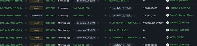 The image displays a transaction history table showing recent smart contract deployments on a blockchain, including entries for tokens like Platypus (PLATYPUS), Poolsfactory, sushicat (SUSHI), and WETH, with the most recent deployment being a "Launch" of "sushicat (SUSHI)" approximately 10 minutes ago by address 0x45ed7c9593a6499.