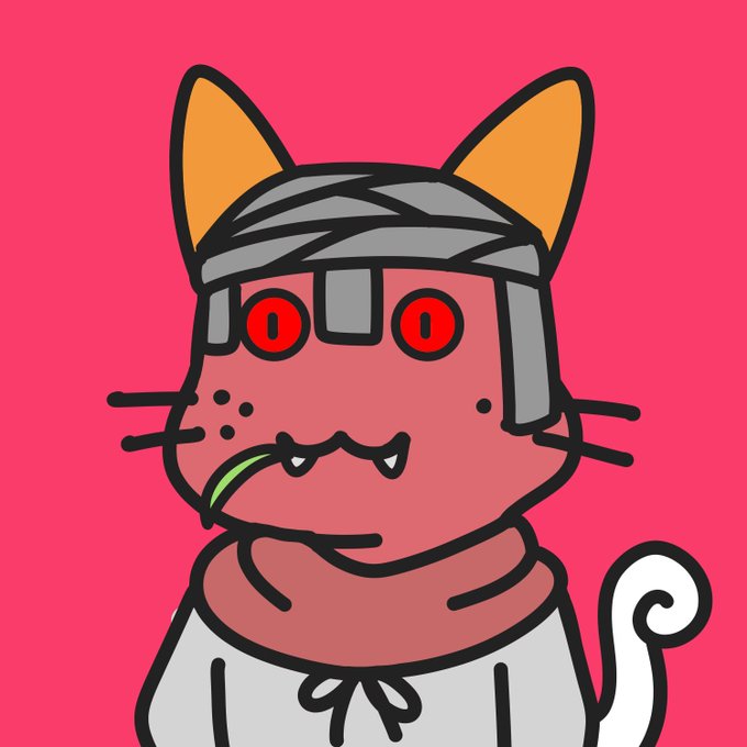A cartoon illustration of a pink cat with red eyes, wearing a gray headband/armor and holding green leaves in its mouth, set against a bright pink background.