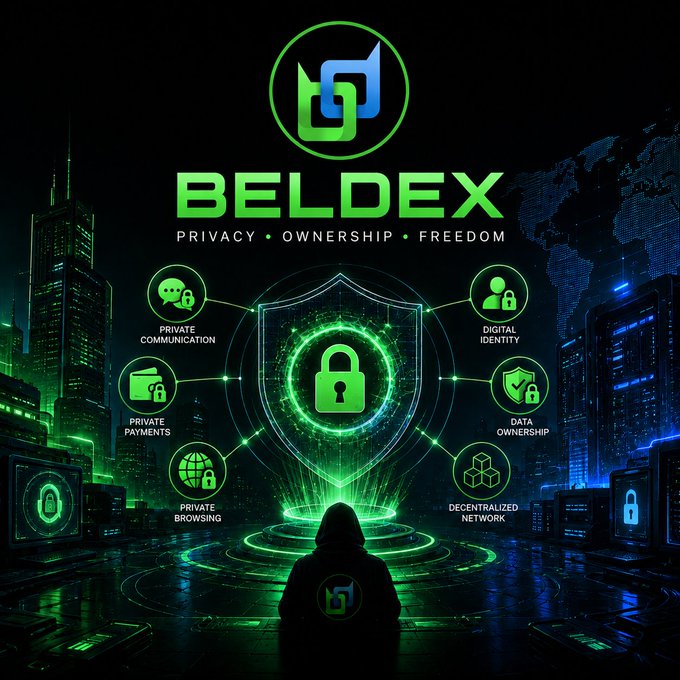 A promotional graphic for 'BELDEX' showcases its privacy-focused features including Private Communication, Digital Identity, Private Payments, Data Ownership, Private Browsing, and Decentralized Network, with a hooded figure before a green shield.