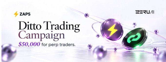 A promotional banner for the 'Ditto Trading Campaign' by ZAPs and ZERUI offering $50,000 for perp traders, featuring purple and green logos on a light background.