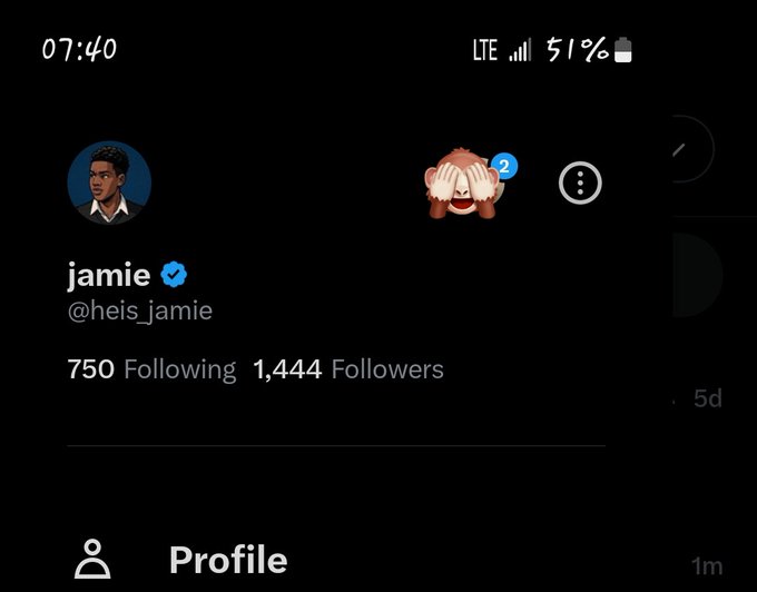 A dark mode social media profile page showing a user named 'jamie' (@heis_jamie) with a verified blue checkmark, 750 Following and 1,444 Followers, alongside a profile picture of a young man.