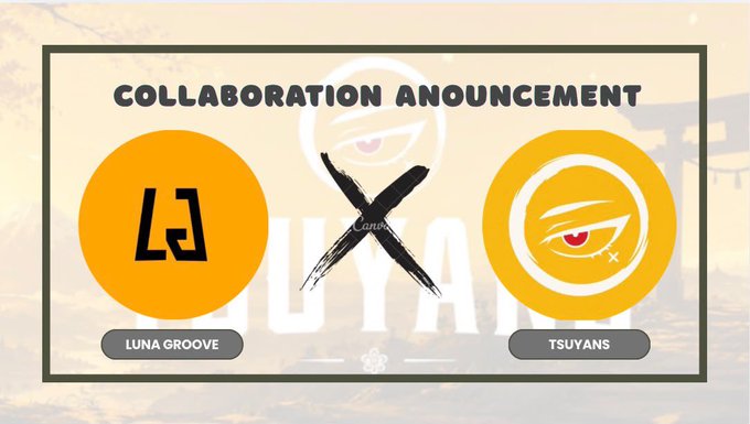 Collaboration announcement graphic featuring "LUNA GROOVE" and "TSUYANS" logos as orange circles connected by a large black X, with a faded "TSUYAN" watermark in the background.