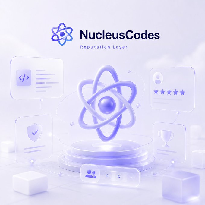 A promotional graphic for 'NucleusCodes Reputation Layer' featuring a 3D purple atom design surrounded by floating UI cards representing code, security, ratings, and achievements.