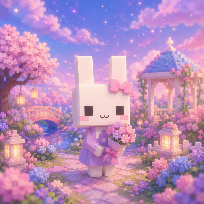 A 3D voxel/pixel-art rendering of a cute white blocky bunny character wearing a pink bow and dress, holding a bouquet of flowers in a dreamy pastel garden setting with cherry blossoms and a gazebo.