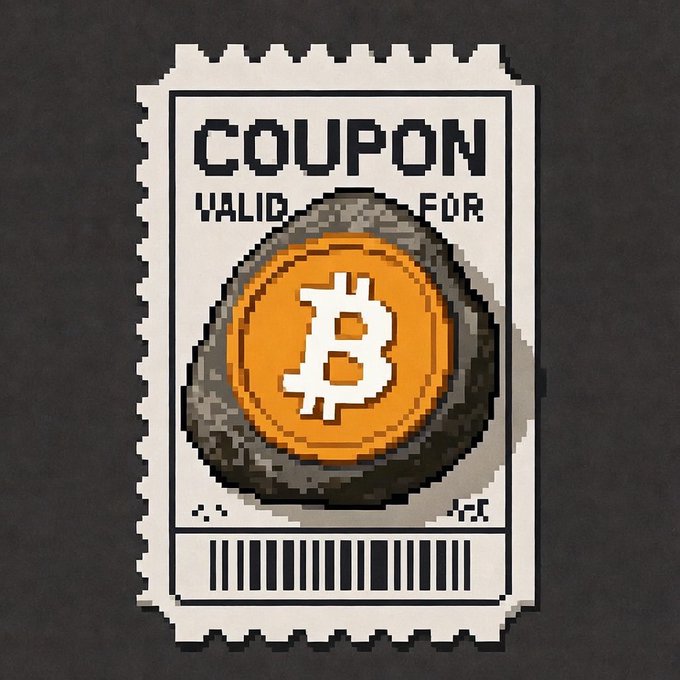 Pixel art style coupon featuring a Bitcoin logo inside a rock shape, with text reading 'COUPON' and 'VALID FOR'.